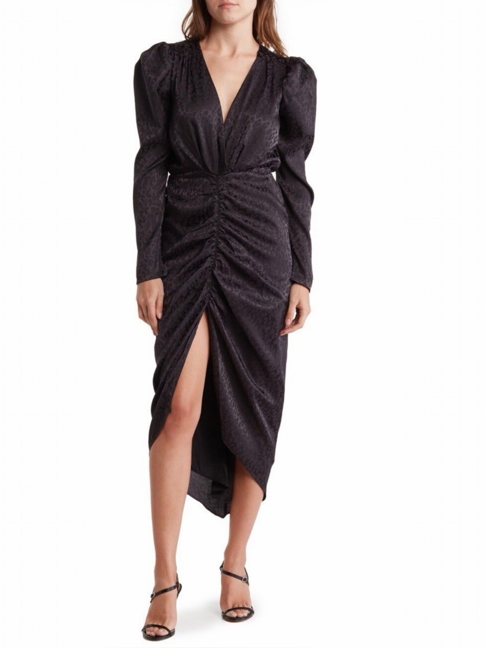 NWT Ronny Kobo Astrid Jacquard Ruched Black Satin Dress Size Medium